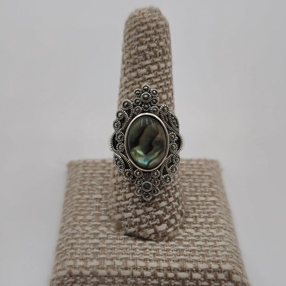 Size 9 Sterling Silver Abalone And Marcasite Gems Ring A1869 - Picture 1 of 9